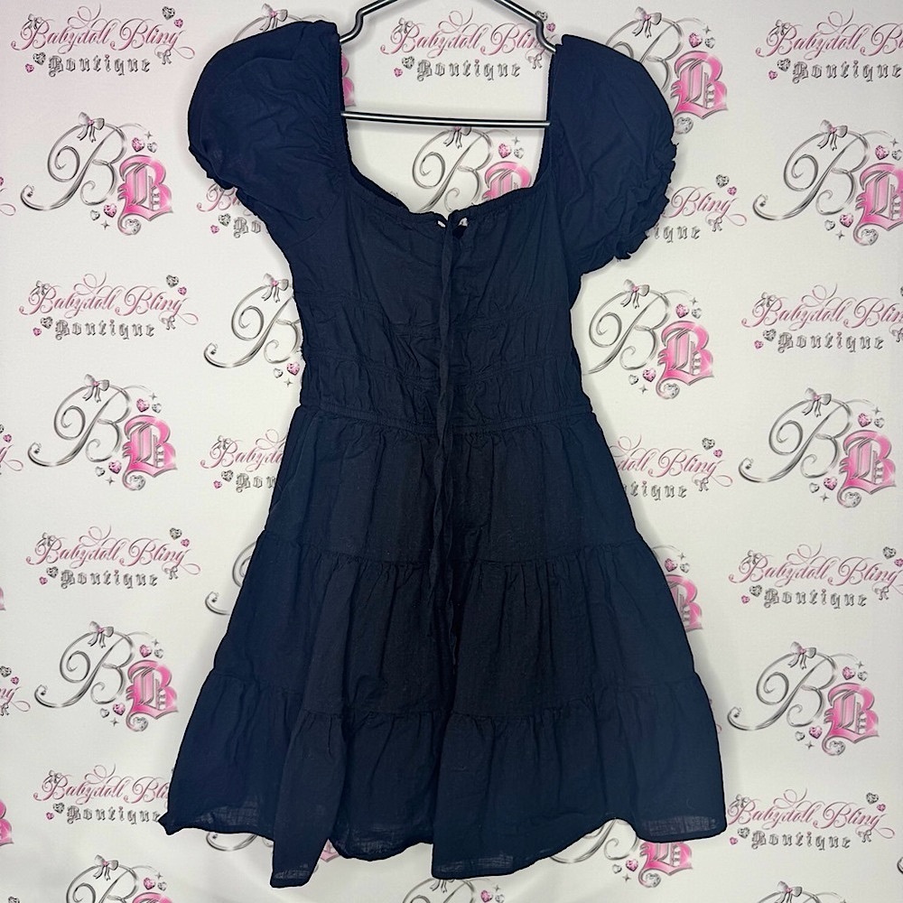 Milkmaid dress Black Puff Sleeve Dress stretchy tiered ruffle